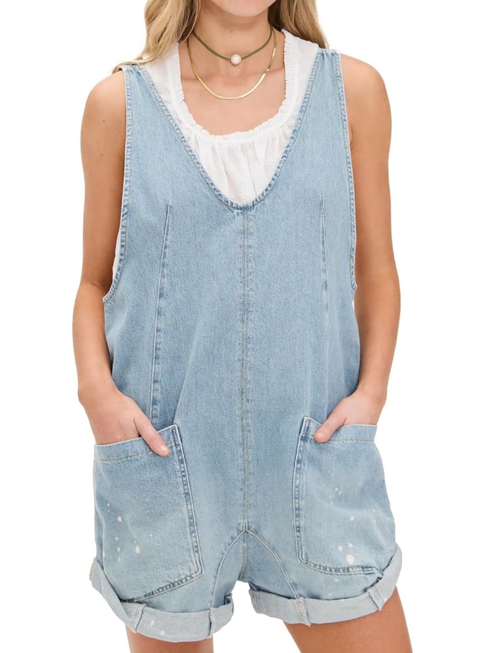 Free People Light Blue Denim Overalls Romper with Pockets